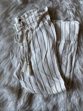 Amuse Society Cream Striped Cropped Pants with Tassel Drawstring